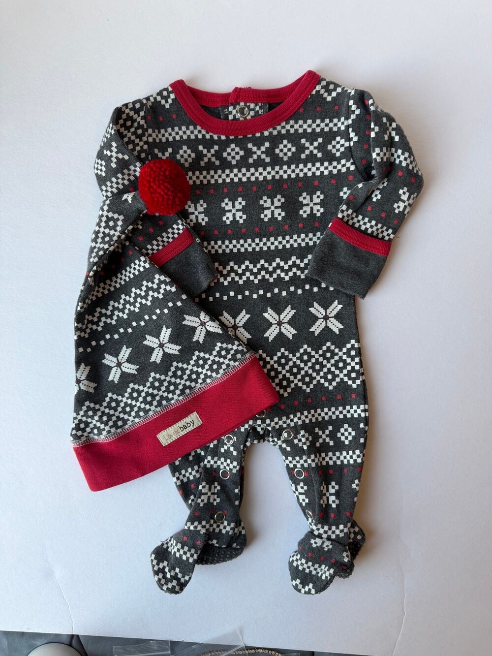 Lovedbaby Organic Cotton Preemie NB Fair Isle Footed Romper Hat Christmas Set